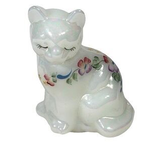 Fenton Hand Painted Glass Cat White Iridescent Opal Pearlescent Floral Figurine